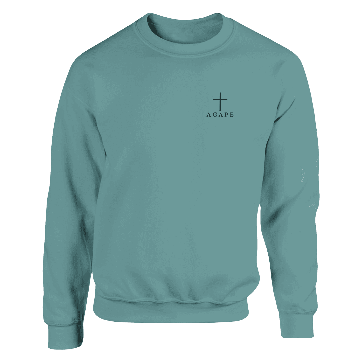 AGAPE crewneck front view — left chest AGAPE and cross