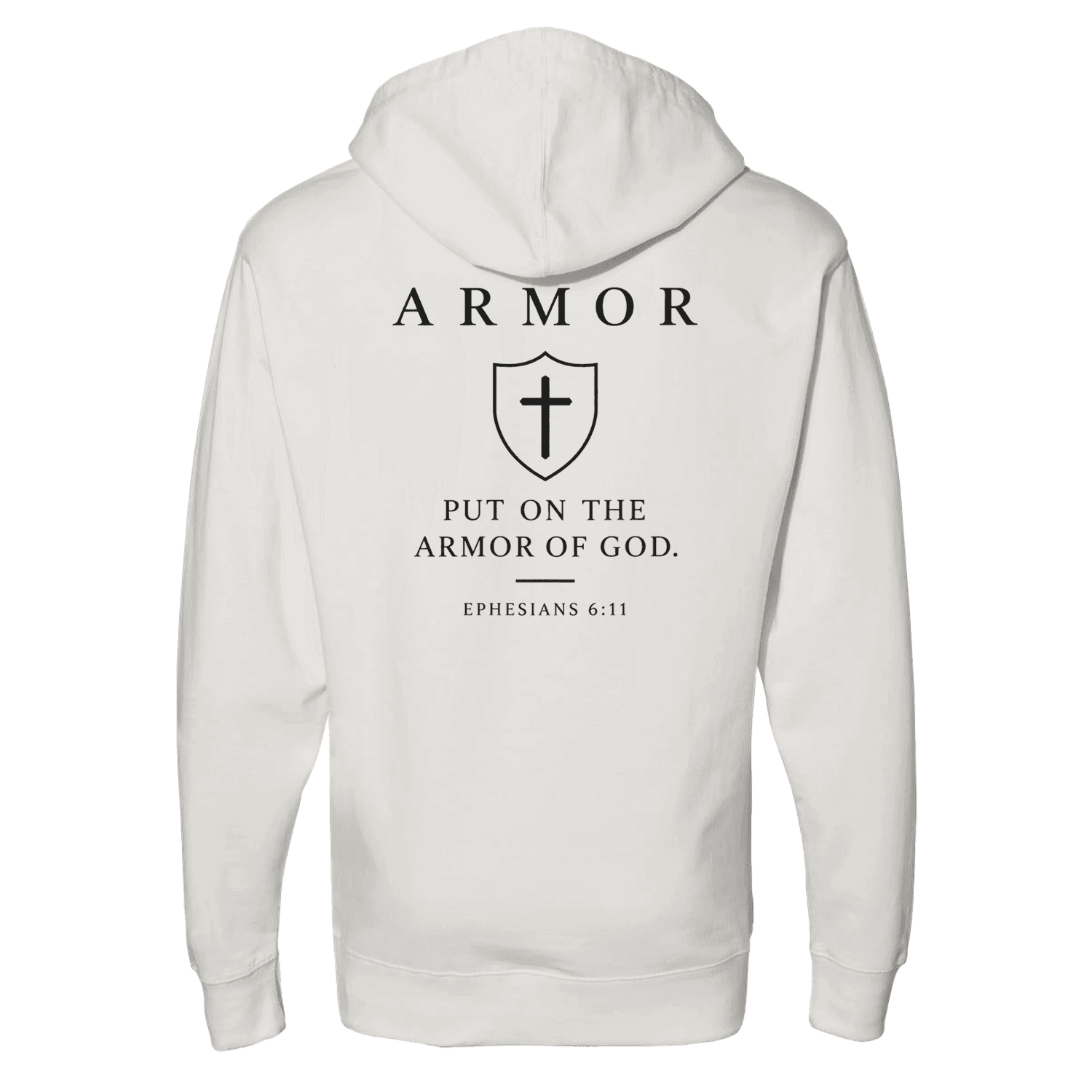 ARMOR crewneck back view — shield cross graphic and Ephesians 6:11