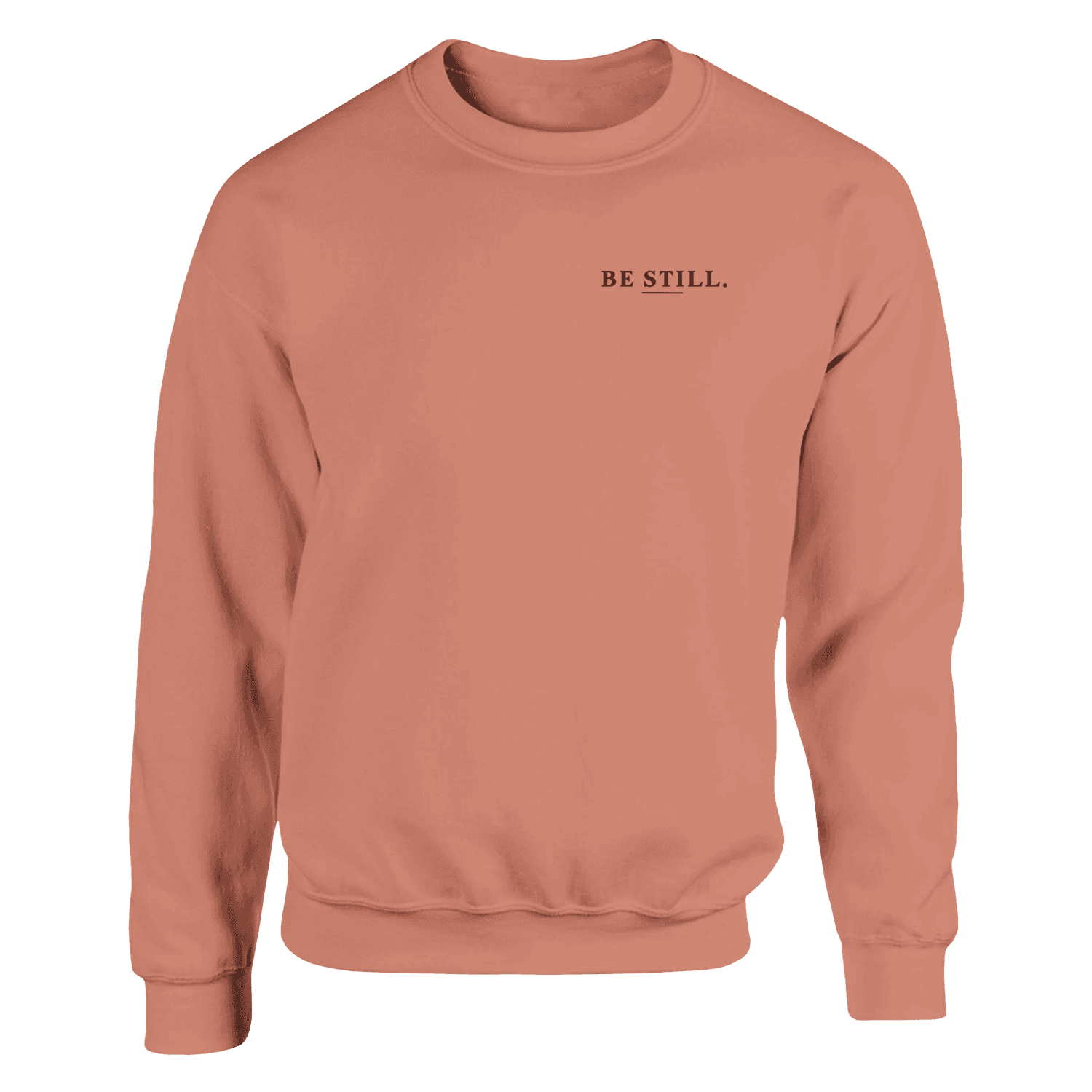 BE STILL crewneck front view — left chest BE STILL. script