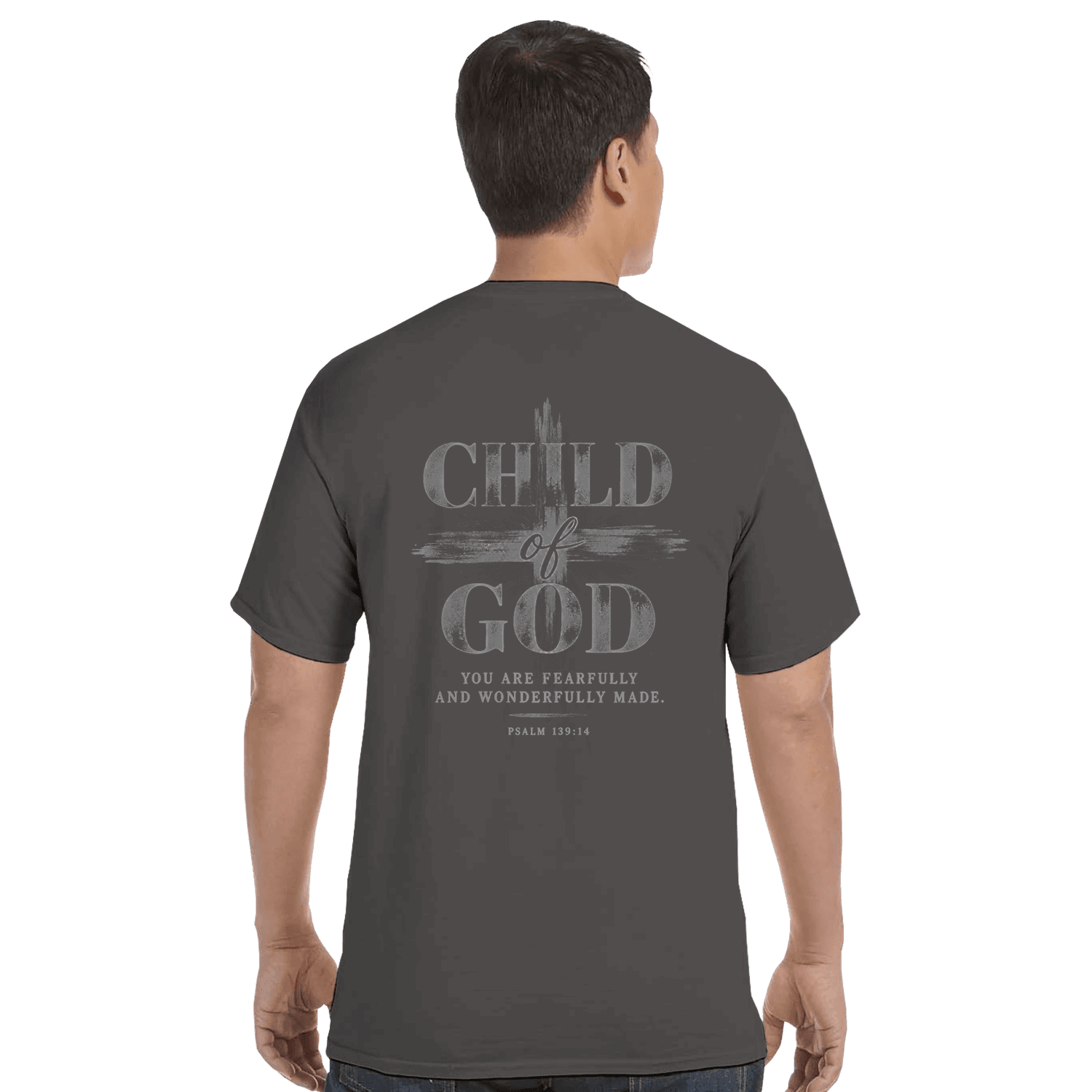 CHILD OF GOD tee back view — bold typographic cross and Psalm 139:14