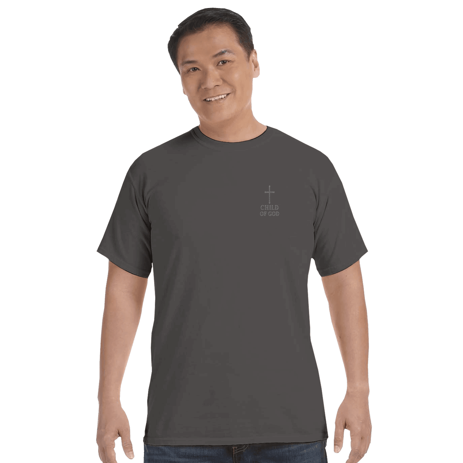 CHILD OF GOD tee front view — left chest cross and CHILD OF GOD