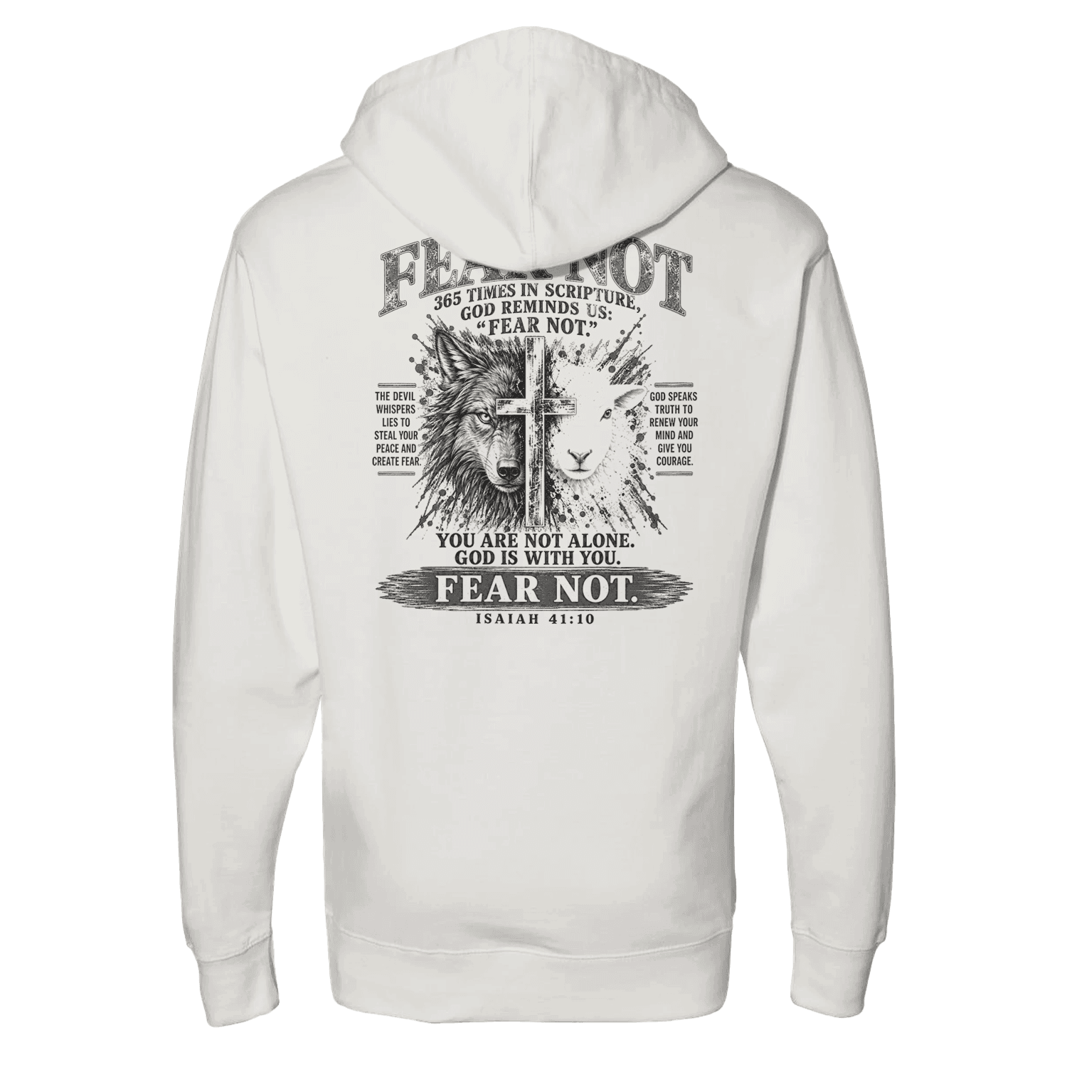 FEAR NOT crewneck back view — wolf, lamb, cross graphic and Isaiah 41:10