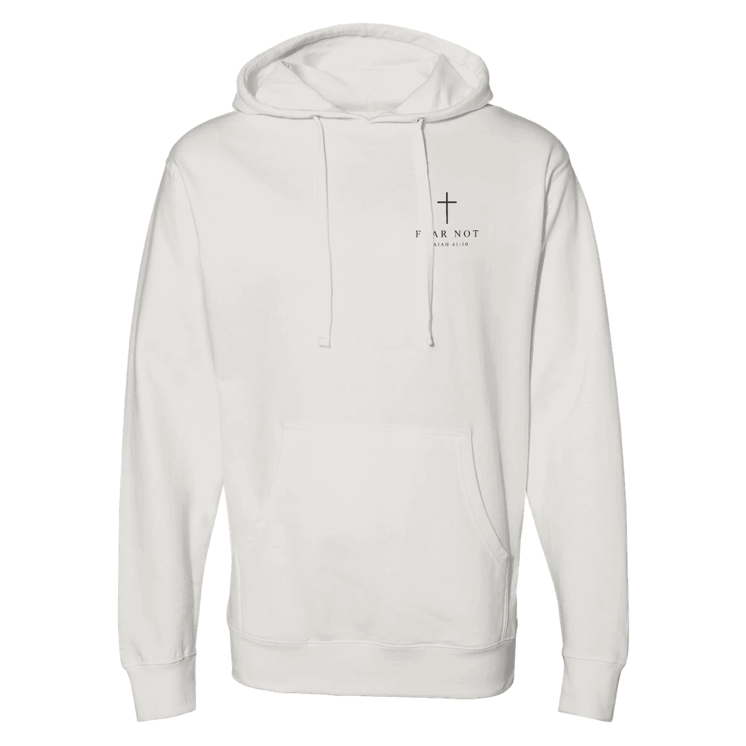 FEAR NOT crewneck front view — left chest cross with FEAR NOT beneath