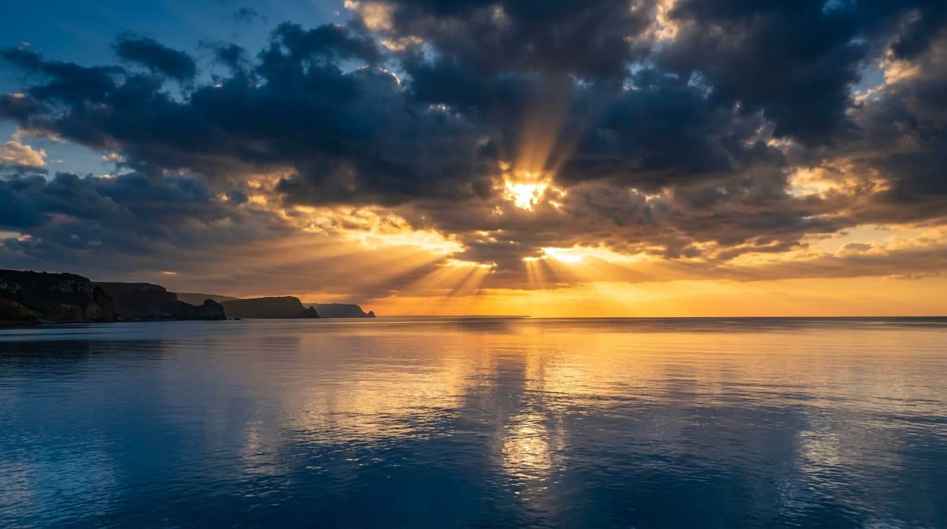 Ocean sunrise with dramatic god rays — COVENANT faith apparel