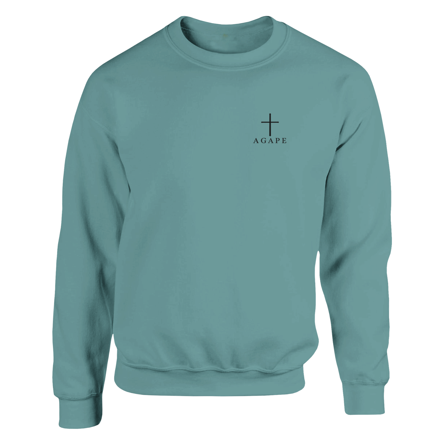 AGAPE crewneck front view — left chest AGAPE and cross