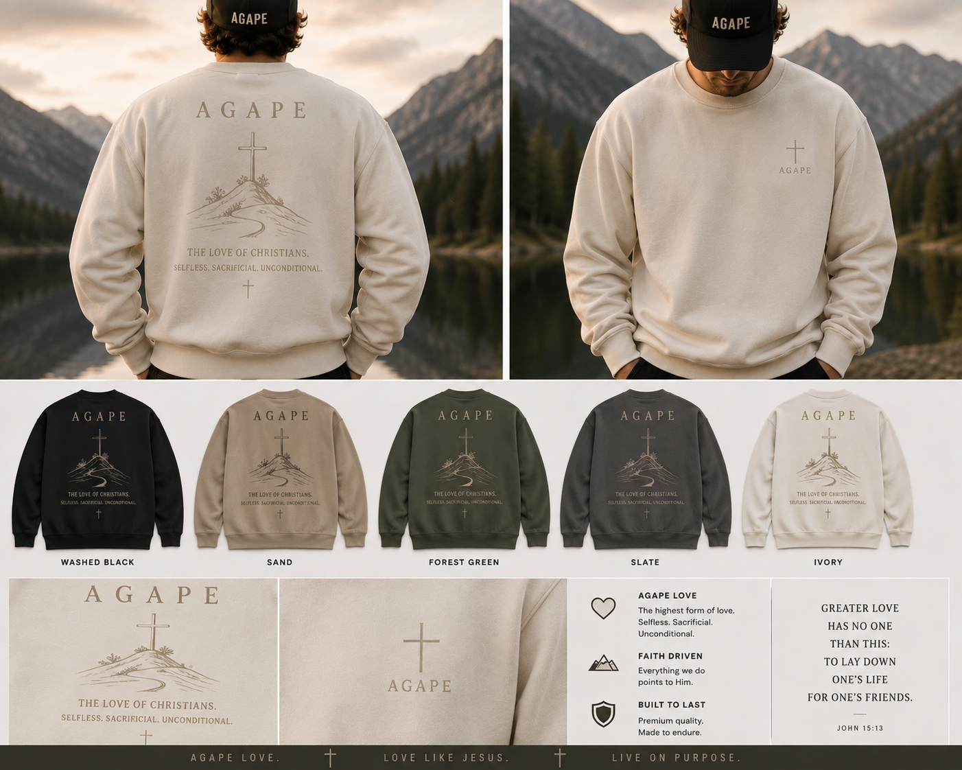 AGAPE v2 — refined cross and mountain illustration in Sand
