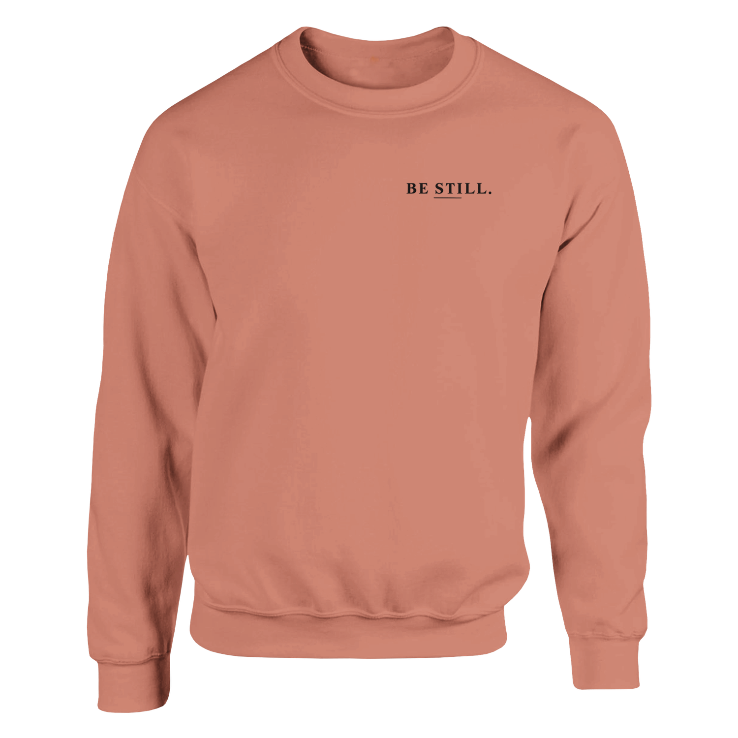BE STILL crewneck front view — left chest BE STILL. script