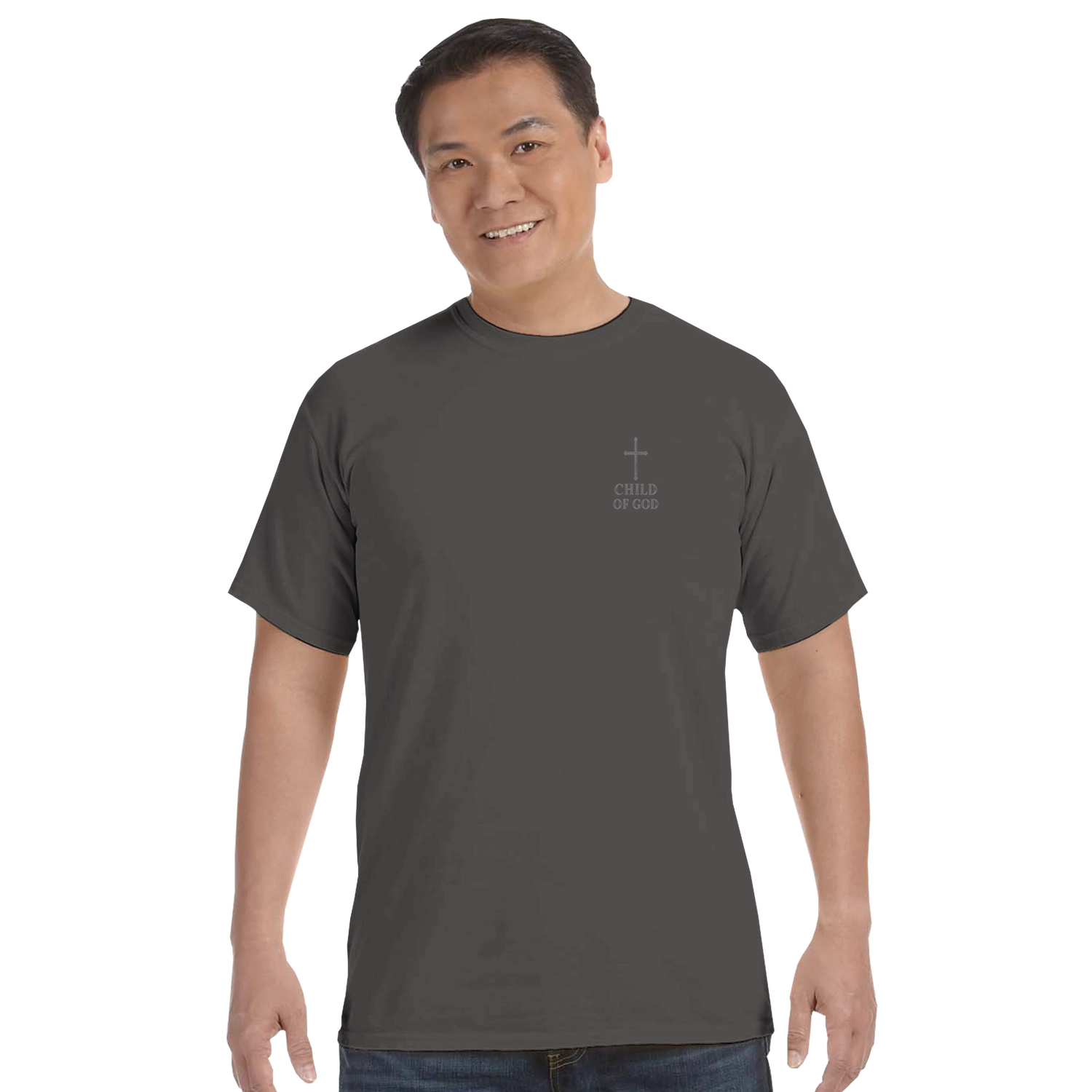 CHILD OF GOD tee front view — left chest cross and CHILD OF GOD
