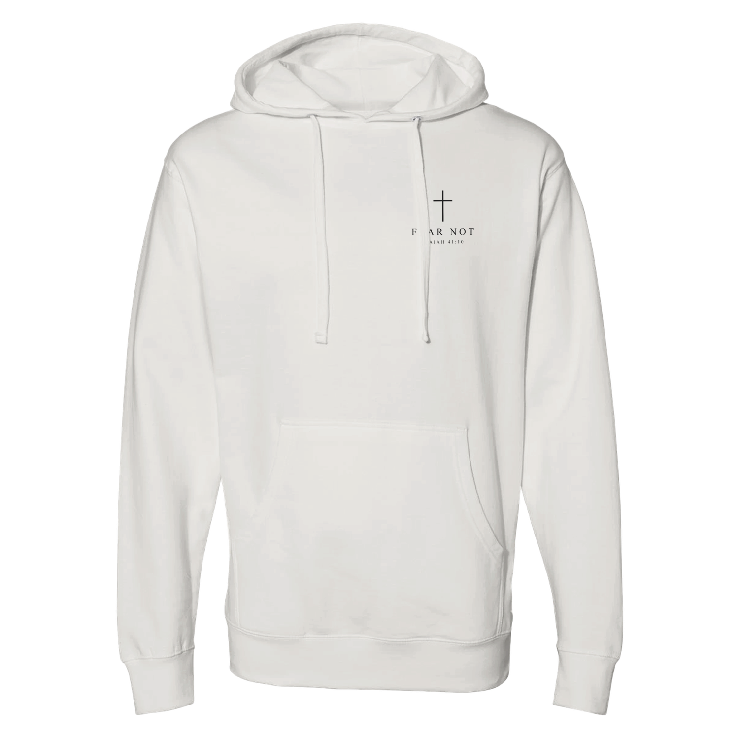 FEAR NOT crewneck front view — left chest cross with FEAR NOT beneath
