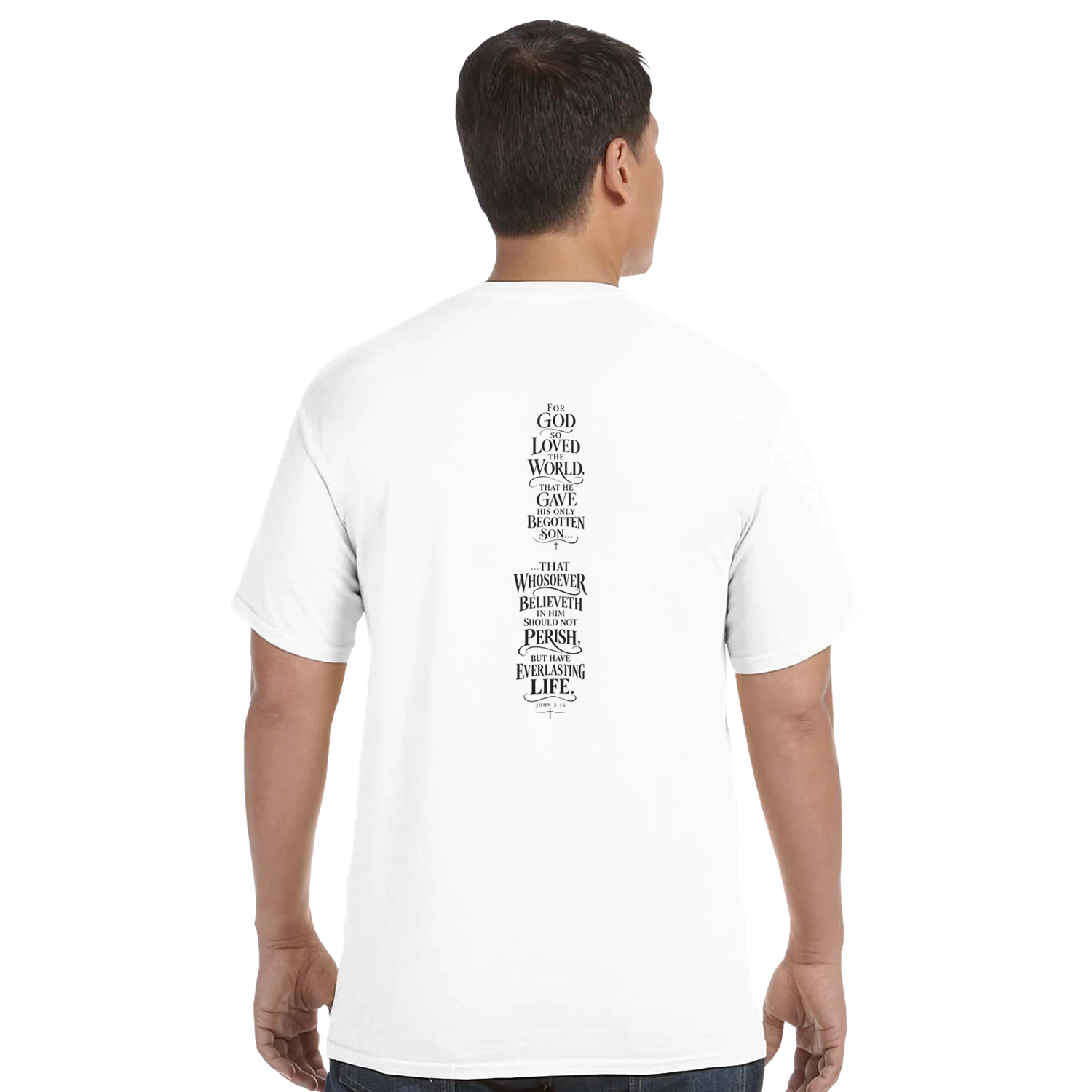 HIS COVENANT tee back view in White — John 3:16 vertical scripture spine