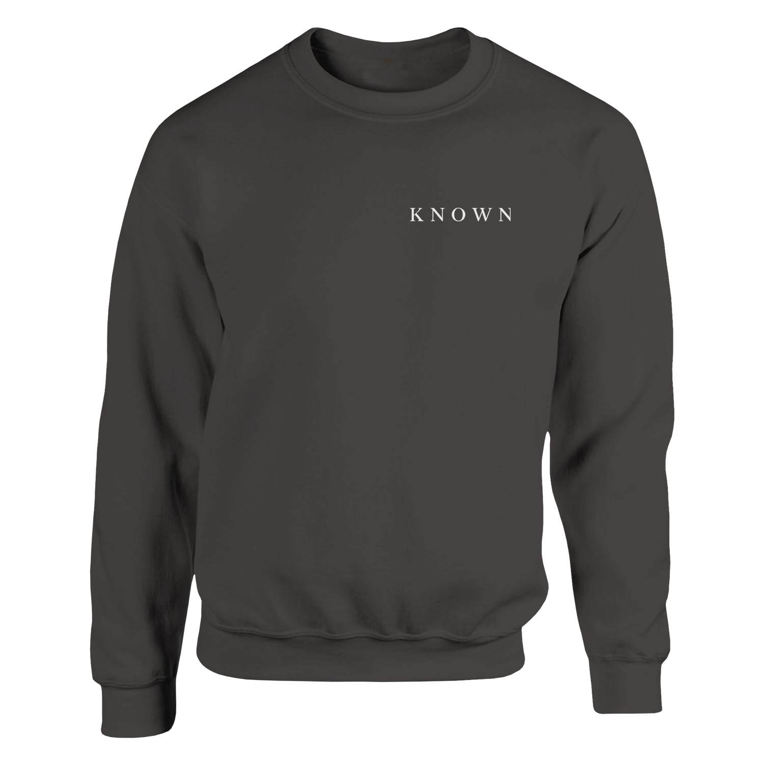 KNOWN. crewneck front view — Left chest minimal KNOWN. typography on Washed Black Pepper