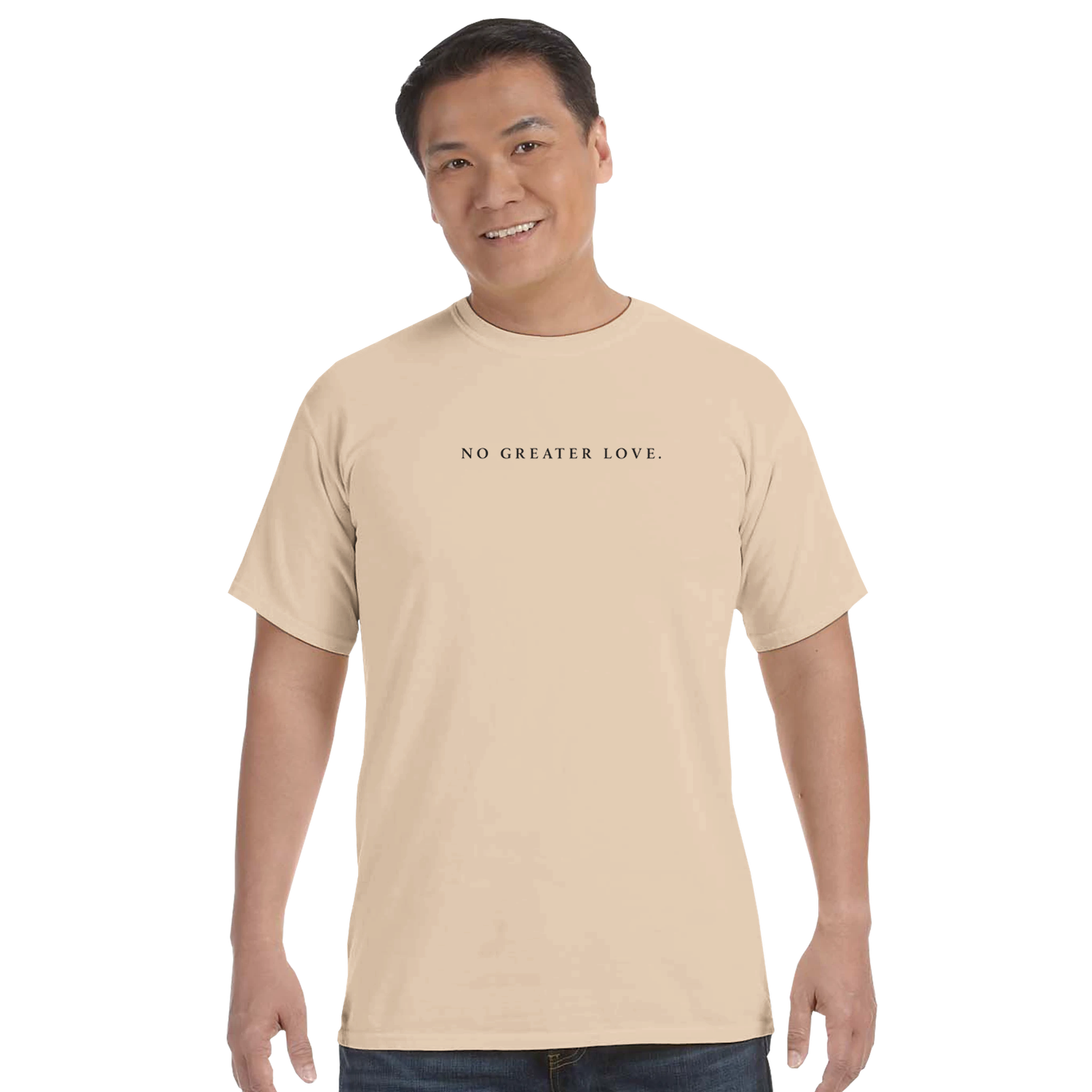 NO GREATER LOVE. tee front view — left chest NO GREATER LOVE. statement