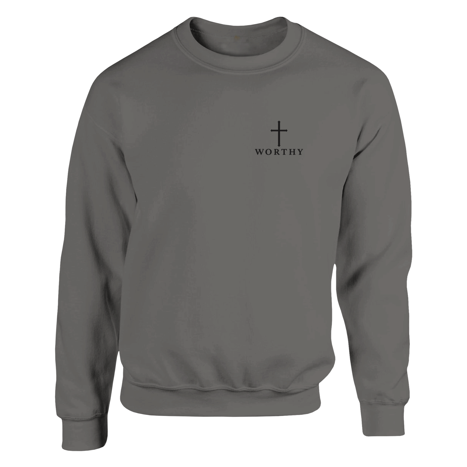 WORTHY crewneck front view — left chest cross with WORTHY beneath
